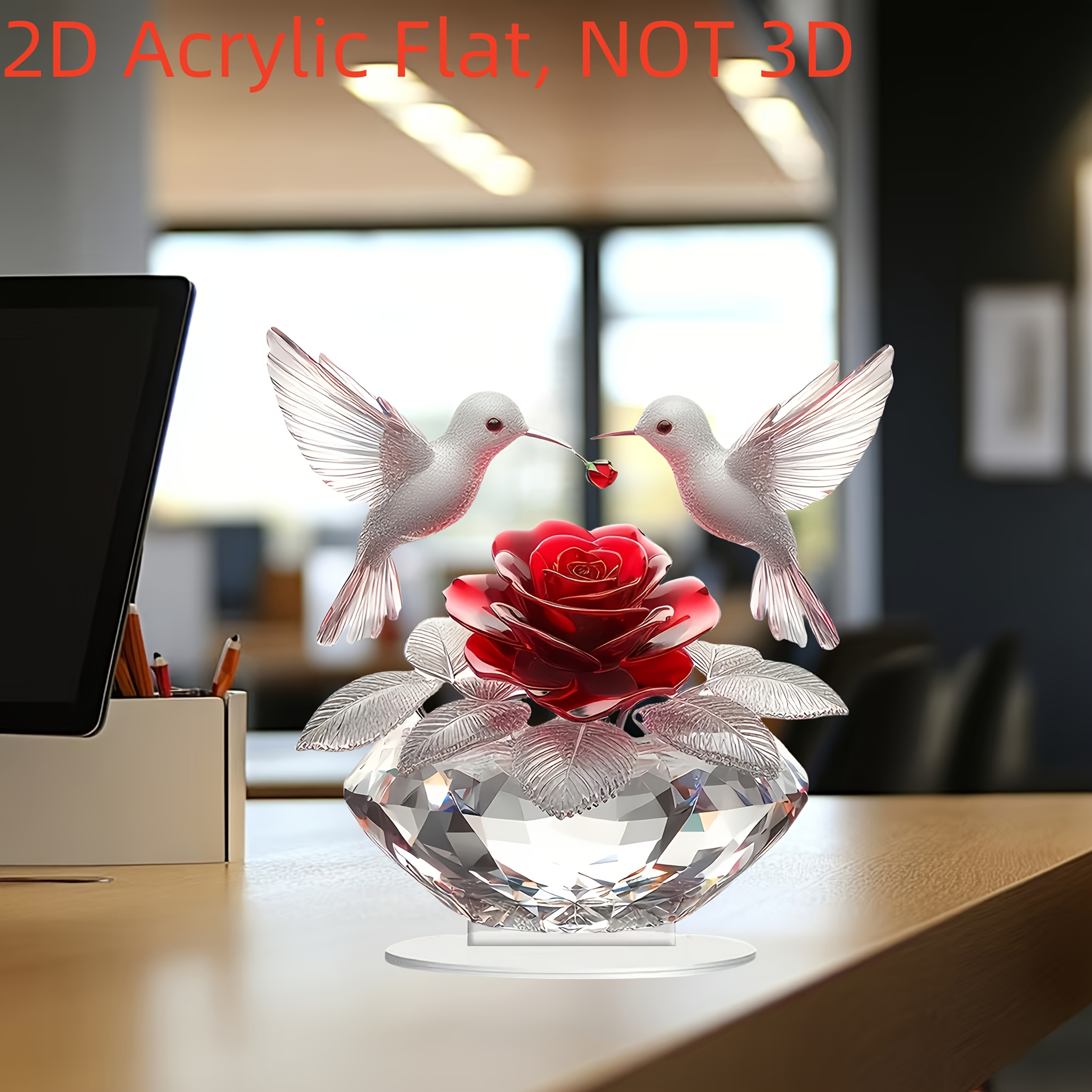 

2d Flat Acrylic Desktop Ornament, Valentine's Day Rose Hummingbird, Birthday, Graduation Gift, Crystal Acrylic Decoration, Desktop Decoration, Desktop Figure, Valentine's Day Desktop Decoration