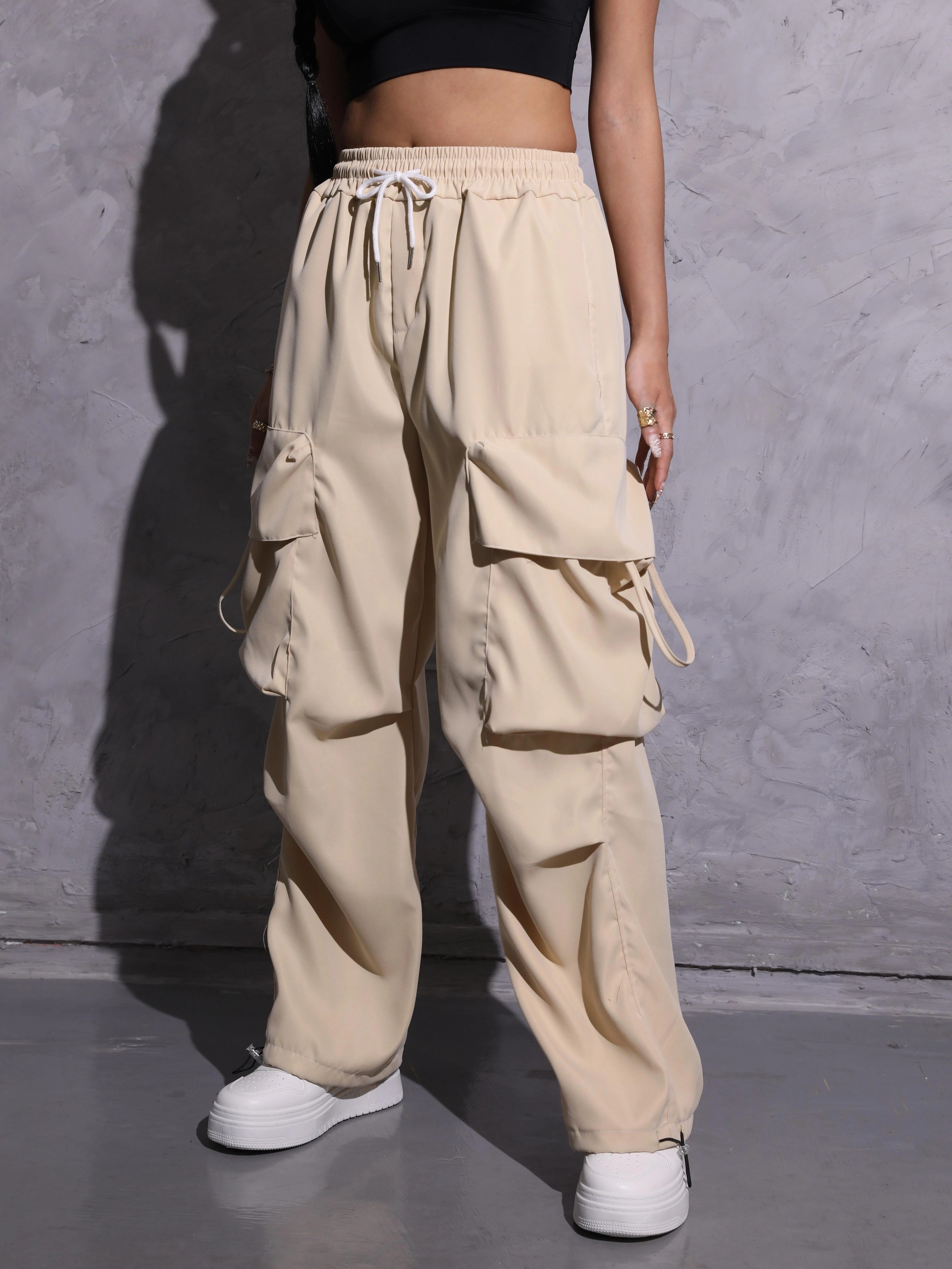 Pants for Women Elastic Waist Drawstring Solid Color Baggy Pockets Jogger  Pants Ladies Cargo Pants Lounge Trousers 