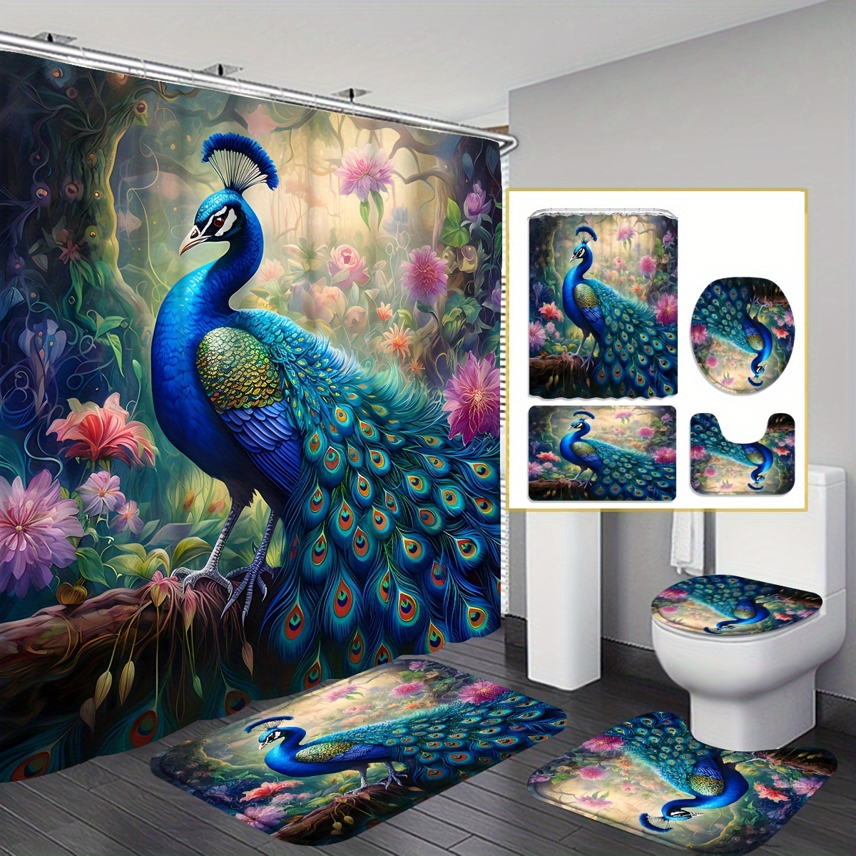 Shower Curtain Male Peacock Open Feather Bathroom Decor Bath Curtains + 12  Hooks