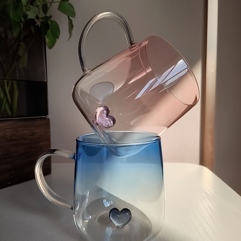 2pcs high borosilicate glass cups with gradient color heart accents heat resistant ergonomic handle for milk juice coffee tea reusable kitchen dining glassware 0