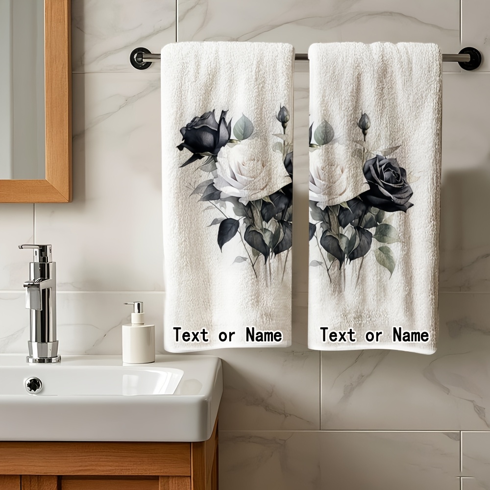 TEMU Customizable 2pcs Bathroom Towels With Personalized Name Or Text, Black And White Rose Themed Print, Exquisite Towels, New Year Gift, Fine , For