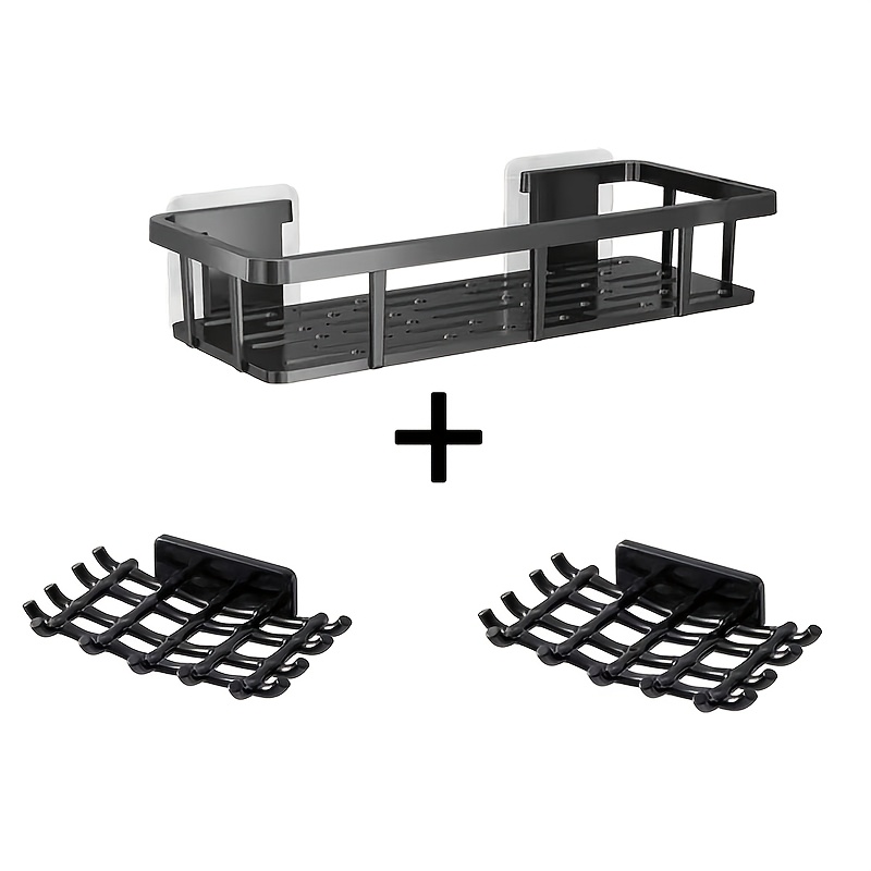 TEMU 3pcs Set Black No-drill Wall-mounted Storage Shelf, Heavy-duty Plastic Organizer With Hooks, Includes 2 No-drill Soap Dishes, Space-saving