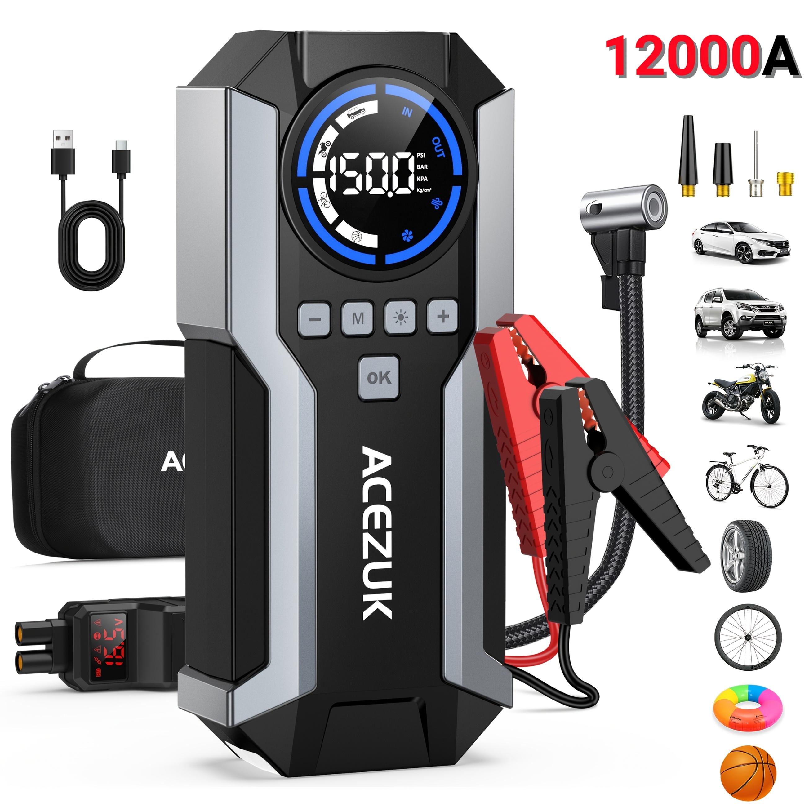 Image of 12000a Car Jump Starter Power Bank (for All Gasoline Engines Or Up To 12l ) Car Jump Starter With Led Flashlight, Large Screen, Jumper Display, Auto Battery Booster For Suv, Motorcycle, Lawn Mower