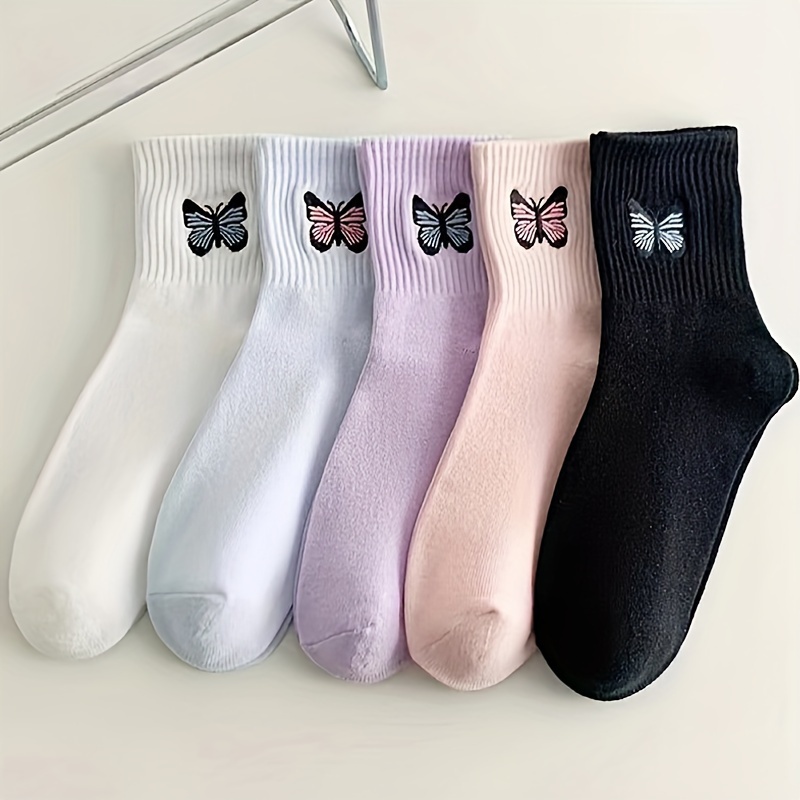 

5 Pairs Fashion Cartoon Butterfly Embroidered Socks, Comfy & Breathable Mid Tube Socks, Women's Stockings & Hosiery - Fall & Winter