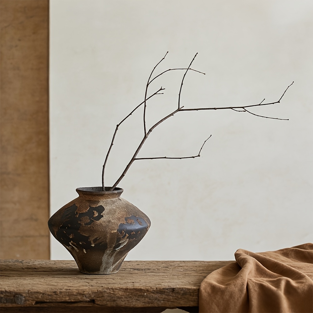 TEMU Vintage Textured Ceramic Vase, Distressed Pottery Vase For Dried Flowers, Rustic Earthenware Vase For Decor