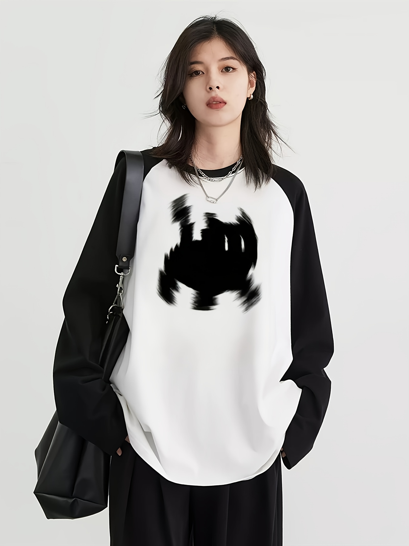y2k black white raglan t shirt women spring long sleeve - Temu