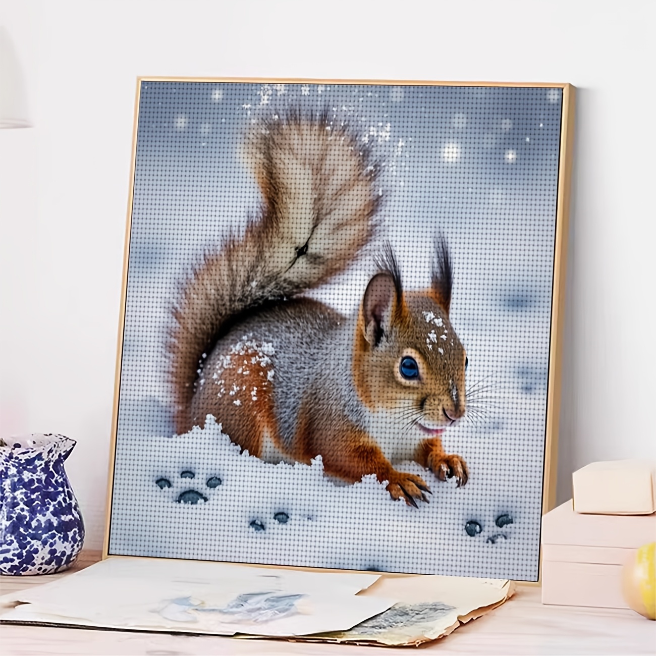 DIY Cross-Stitch Printed Kit, Squirrel in Snow with Snowflakes