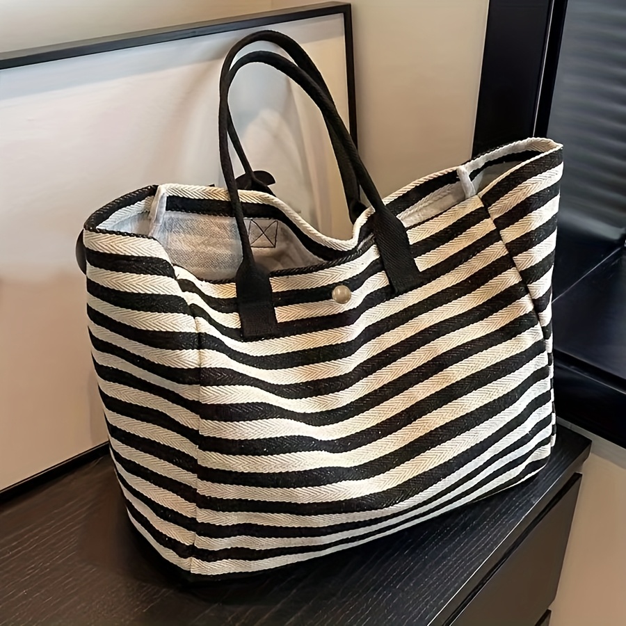 

Casual Tote Bag For Women - Large Striped Shoulder Bag With Closure, Mommy Tote For Shopping And Daily Use