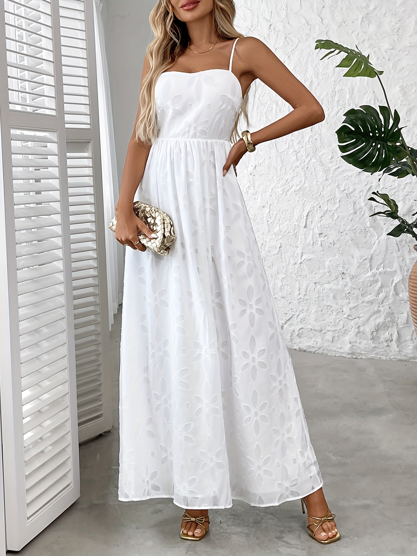 Women'* Strap Backless Tie Maxi Dress, White And Lavender. Floral Eyelet  Pattern, Flowy Fit. Ideal for Beach Weddings, Summer Vacations, Or Evening  Events. Pair with Sandals for an Elegant Look