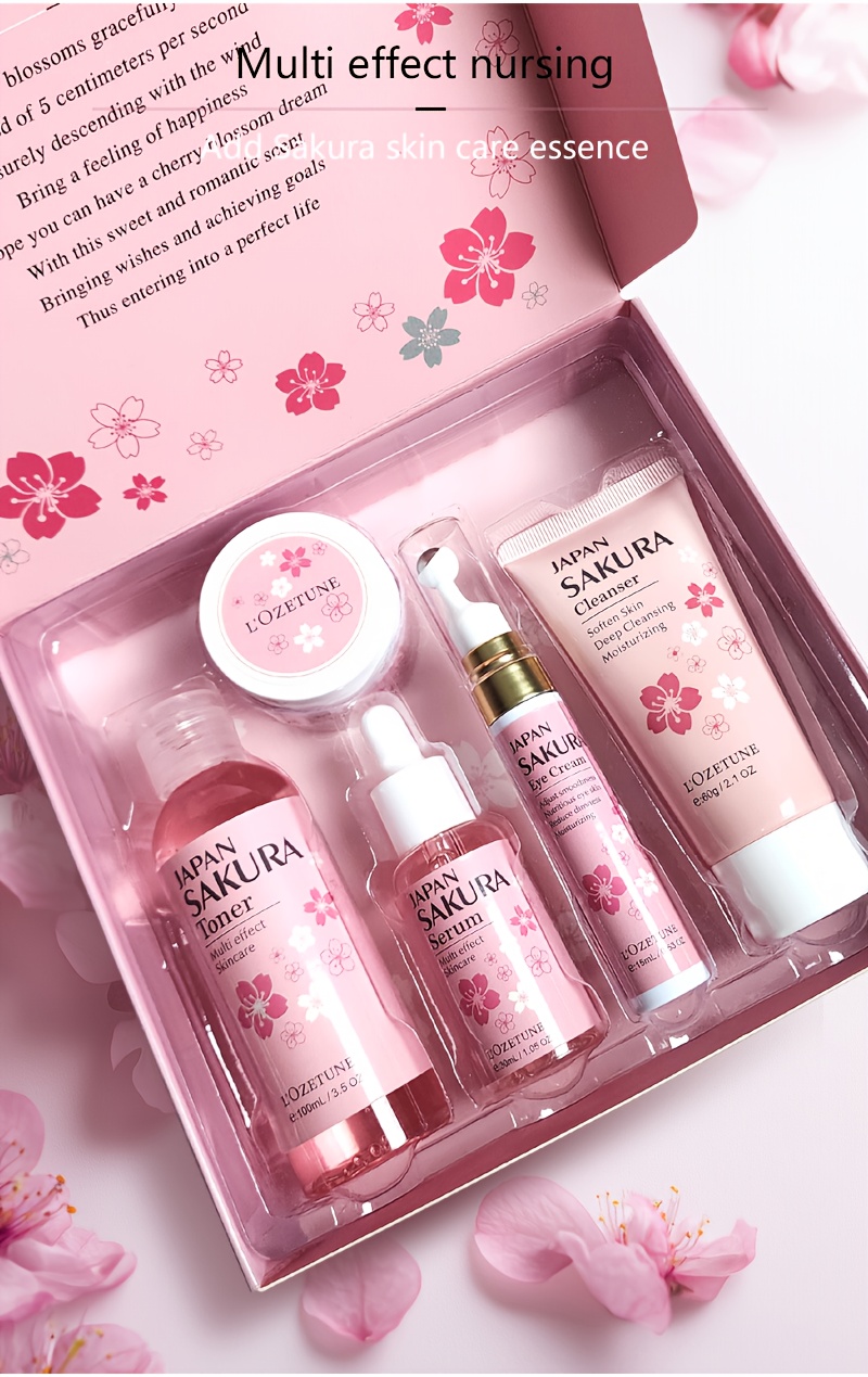 Cherry Blossom Skincare and Beauty Care Set, Includes Moisturizing Toner, Eye Cream, Facial Cleanser, Face Cream, and Cherry Blossom Essence. Suitable for All Skin Types: Dry, Normal, and Combination. Ideal for Post-facial Hair Removal Beauty Care.