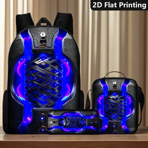 3pcs backpack set futuristic gaming headset with neon lights pattern large capacity travel bag school bag with lunch bag and pencil case suitable for daughters and lovers