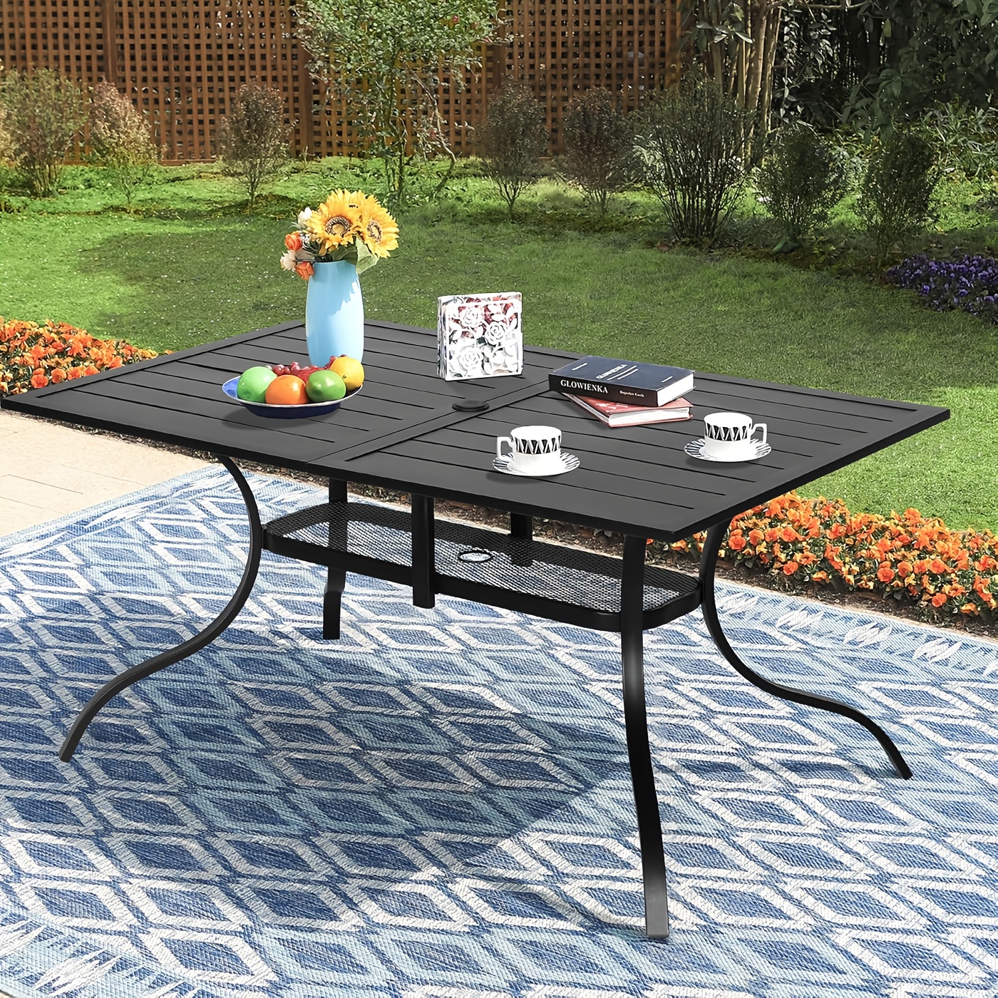 TEMU Outdoor Patio Dining Table - 60x37 Inch Rectangle Metal Steel Table With Umbrella Hole, High Quality Easy-, Sturdy Legs For Backyard, Poolside,