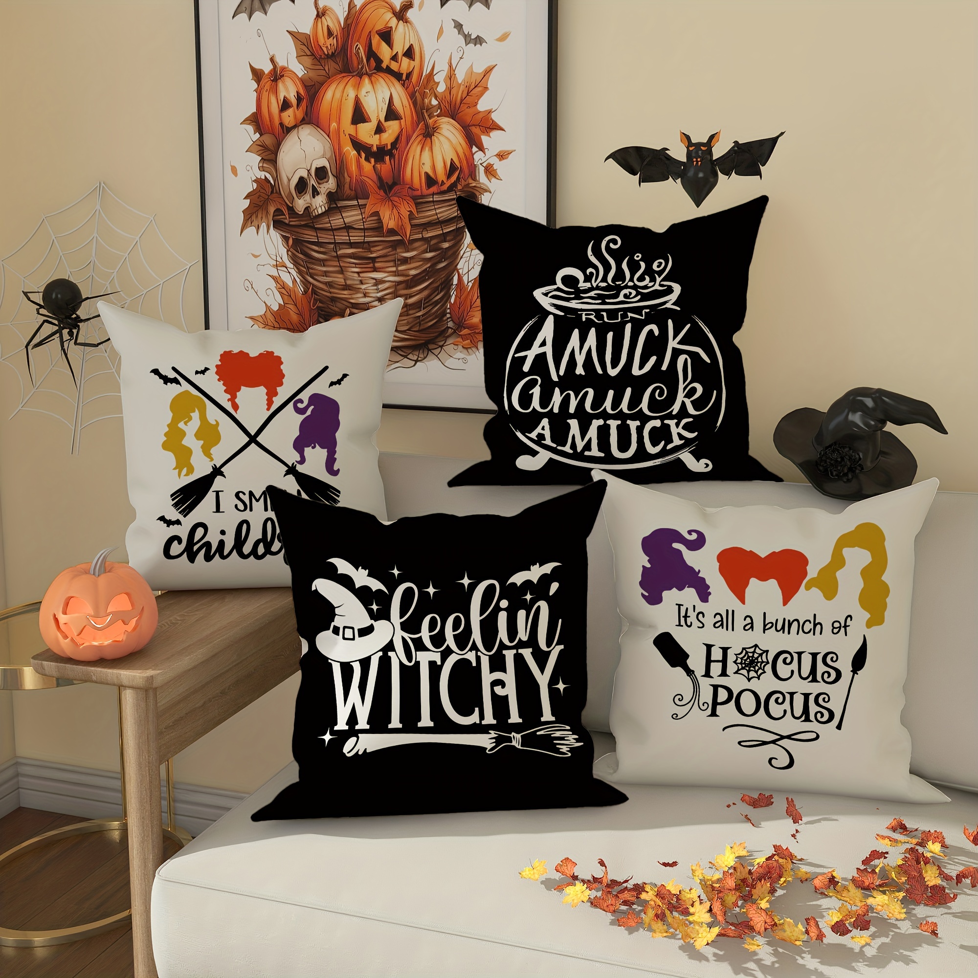 

4-piece Halloween Throw Pillow Covers Set - Funky Witch, Bat & Magic Hat Designs In Black, Yellow, Red, Purple - Soft Short Plush 18x18 Inches For Sofa & Bedroom Decor