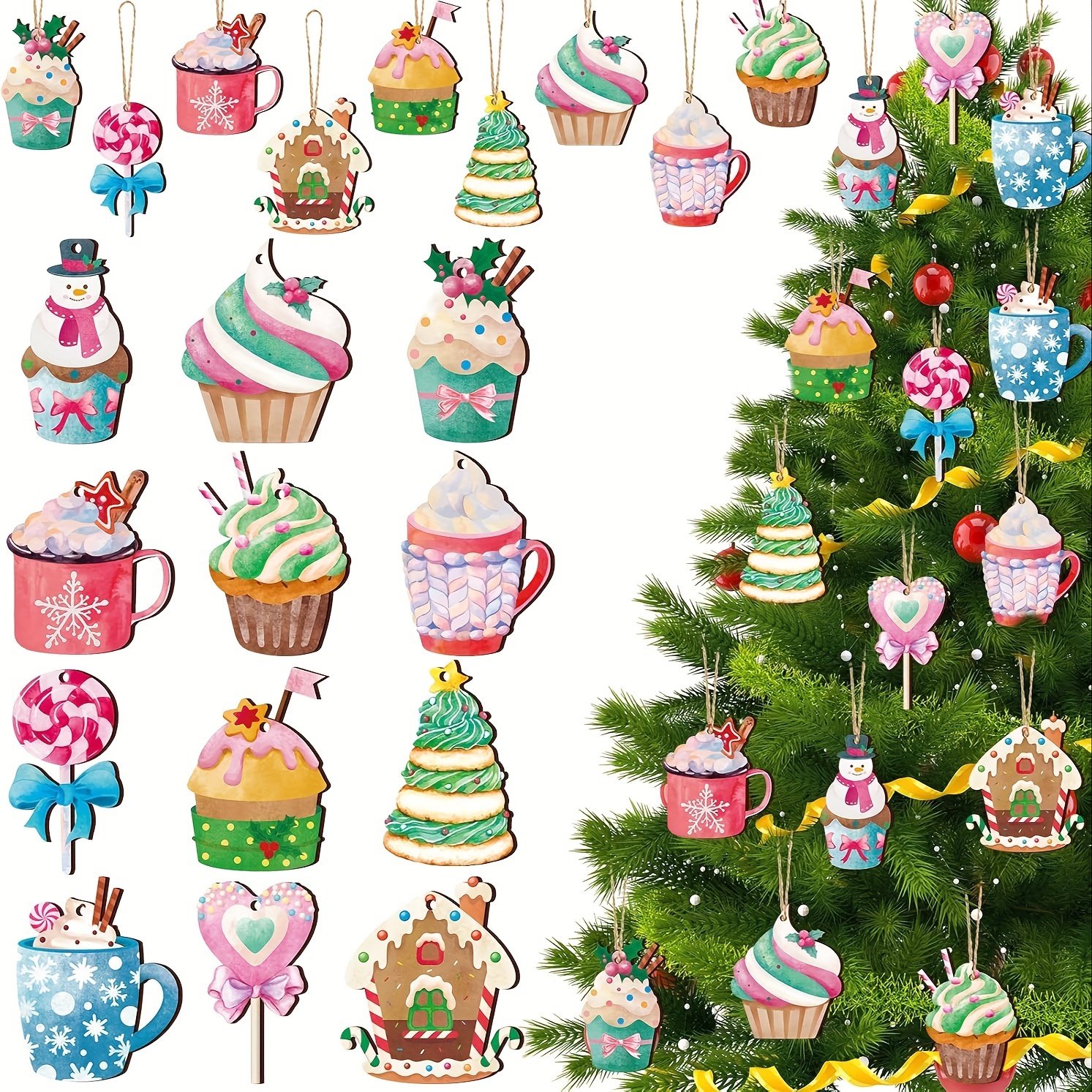 

24-piece Christmas Cupcake & Candy Wood Ornaments Set - Dessert Themed Hanging Decorations, Festive Wooden Xmas Tree Pendants, Cookie & Hot Cocoa Motifs, For Home & Coffee Bar Decor