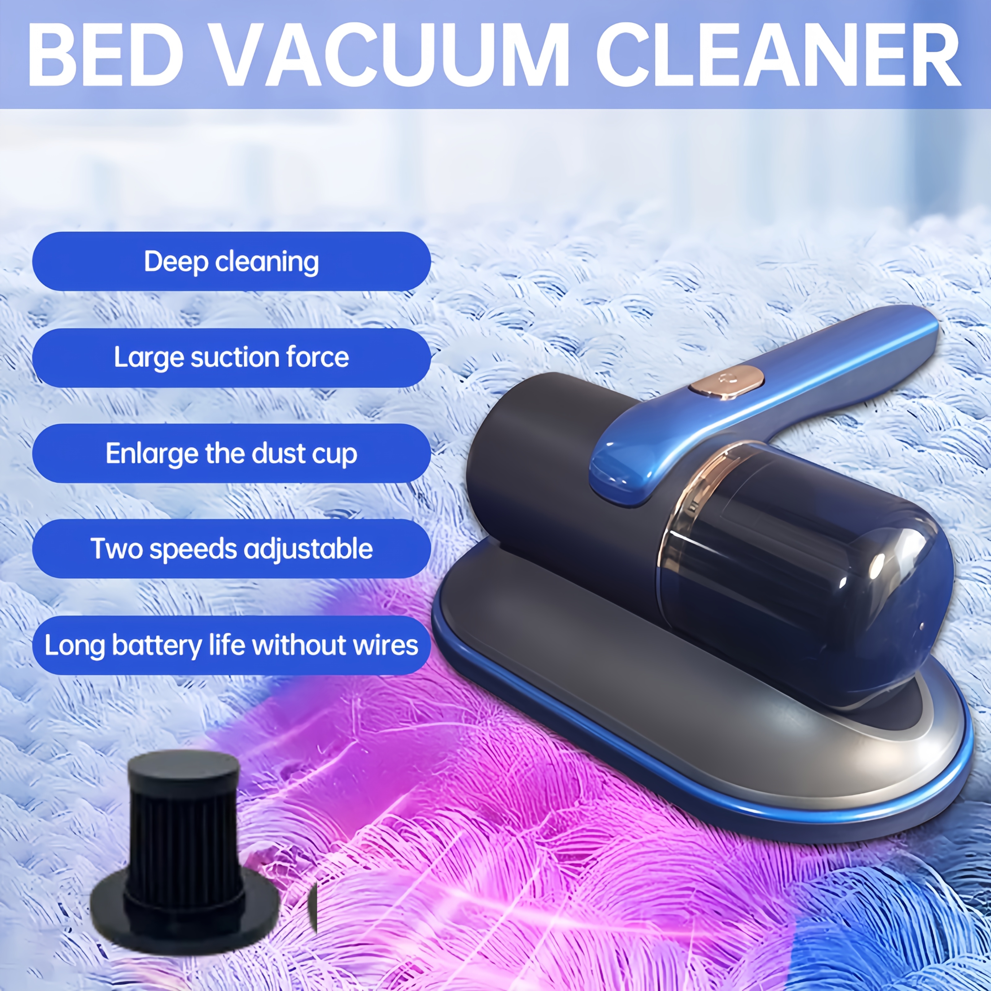 2pcs cordless handheld bed vacuum cleaner super strong suction   uv light washable hepa filter for deep cleaning rechargeable lithium battery accessory kit included   mattress sofa pet hair and carpet cleaning