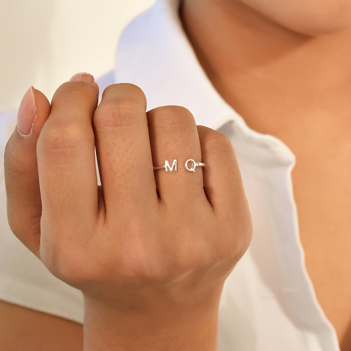 TEMU Customizable Stainless Steel Couple's Ring - Adjustable Double Initial Design, Perfect For Casual Attire & Special Occasions - Women's Fashion
