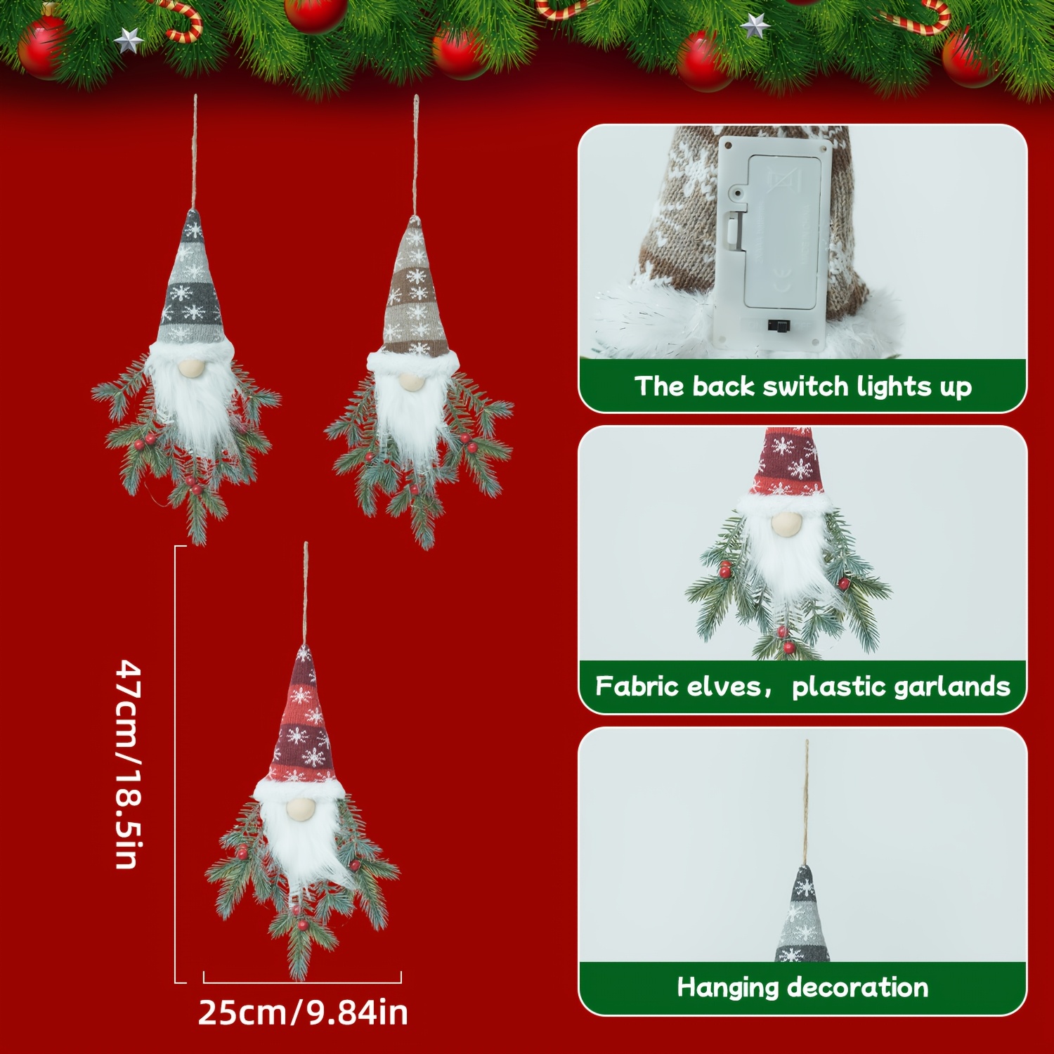 TEMU 3 Pack Battery Operated Led Light Up Christmas Gnome Hanging Decor With Pine Branches And Lights For Wall Mounted Holiday Decoration