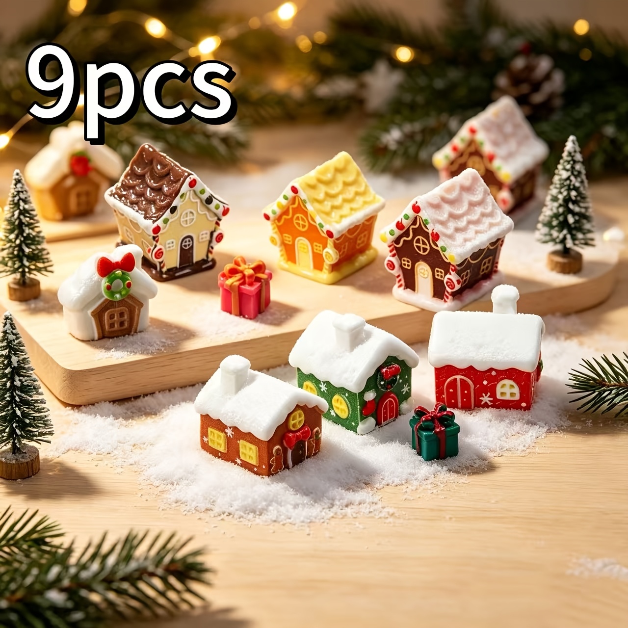 TEMU 9pcs Set Christmas Miniature House Resin Ornaments, Suitable For Moss Terrarium Landscaping, Dollhouse Scene Building, Sand Table Scenery,