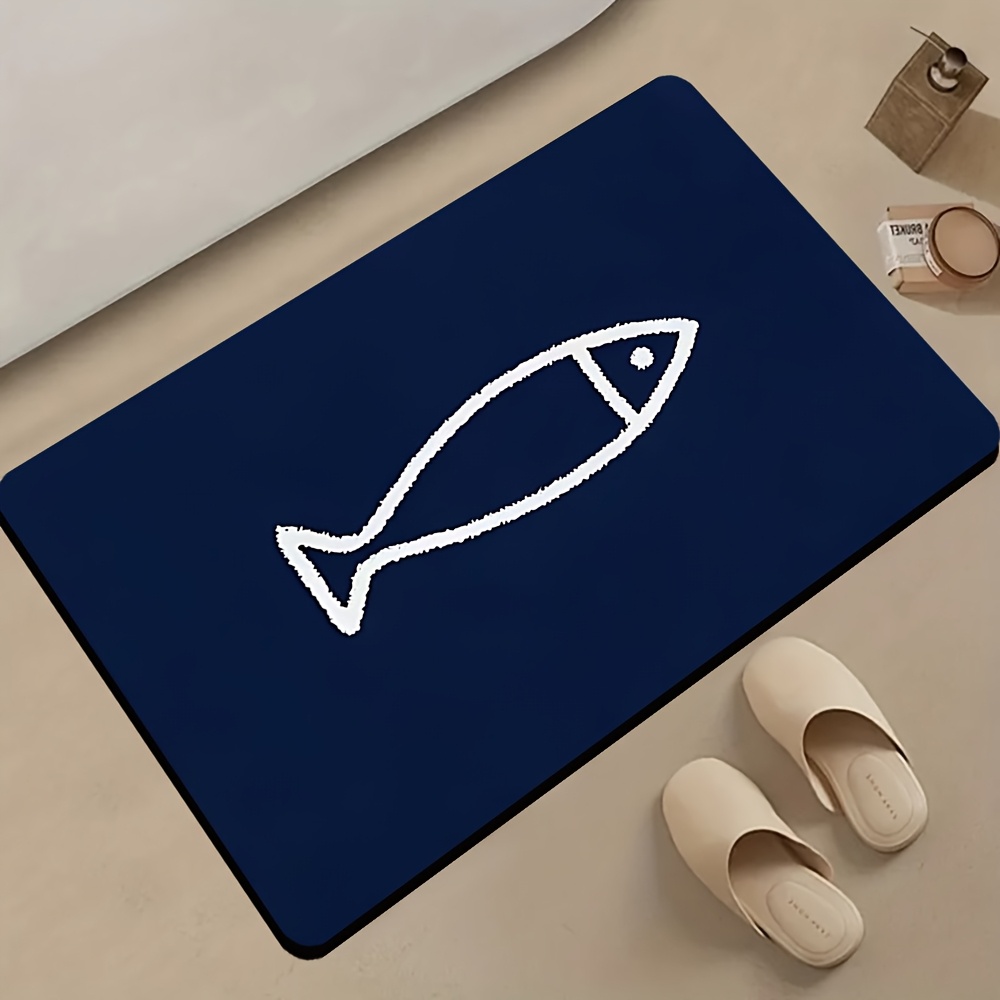 TEMU Tapis de bain 1pc Facile Couleur Unie Dessin Petit Poisson Tapis de Salle de Bain, Base Bleu Foncé avec Motif Poisson Blanc, Lavable en Machine,