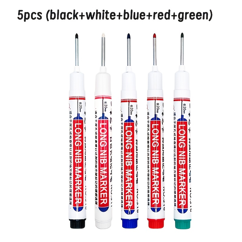 5-teilige marker mit langer spitze feiner mine - rot, schwarz, blau, grün, weiß - ölbasierte tinte für architektur, zeichnen, skizzieren, ausmalen - lange spitze für tiefe markierungen,   für technisches zeichnen malbücher