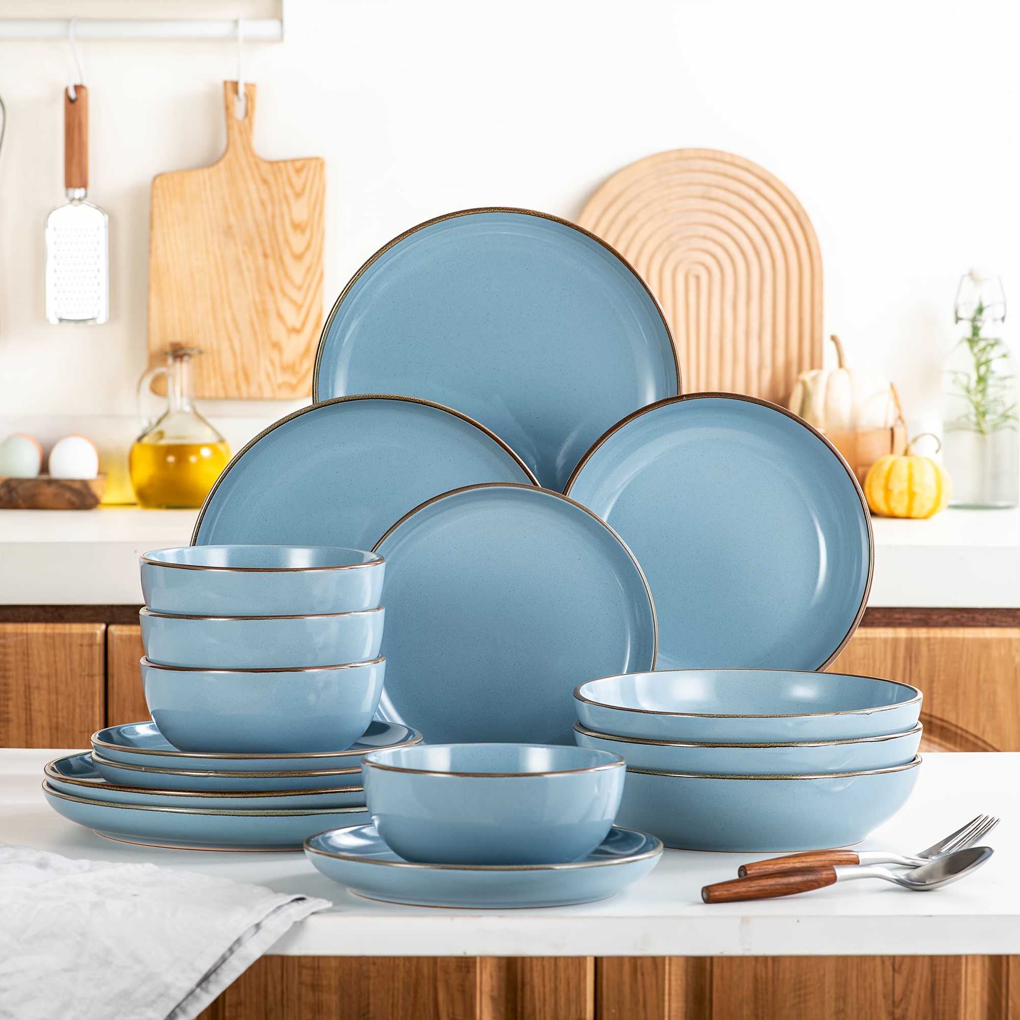 TEMU 16pcs Tableware Set Stoneware Dinnerware Set Kitchen Blue Dinner Set Dinner, Plates Cake, Plates Pasta Bowls/soup Bowls And Cereal Bowls For 4