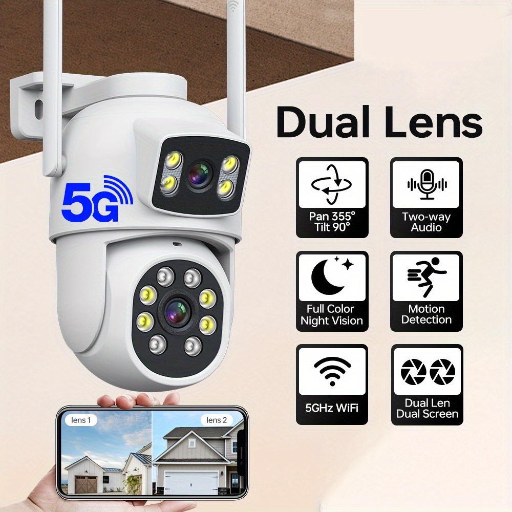 Image of 1pc 1920p Dual Lens Security Camera, 2.4/5ghz Wifi Camera, Home Outdoor Cameras, Motion Detection, Night Vision, 355° Rotation, Works With Smartphone