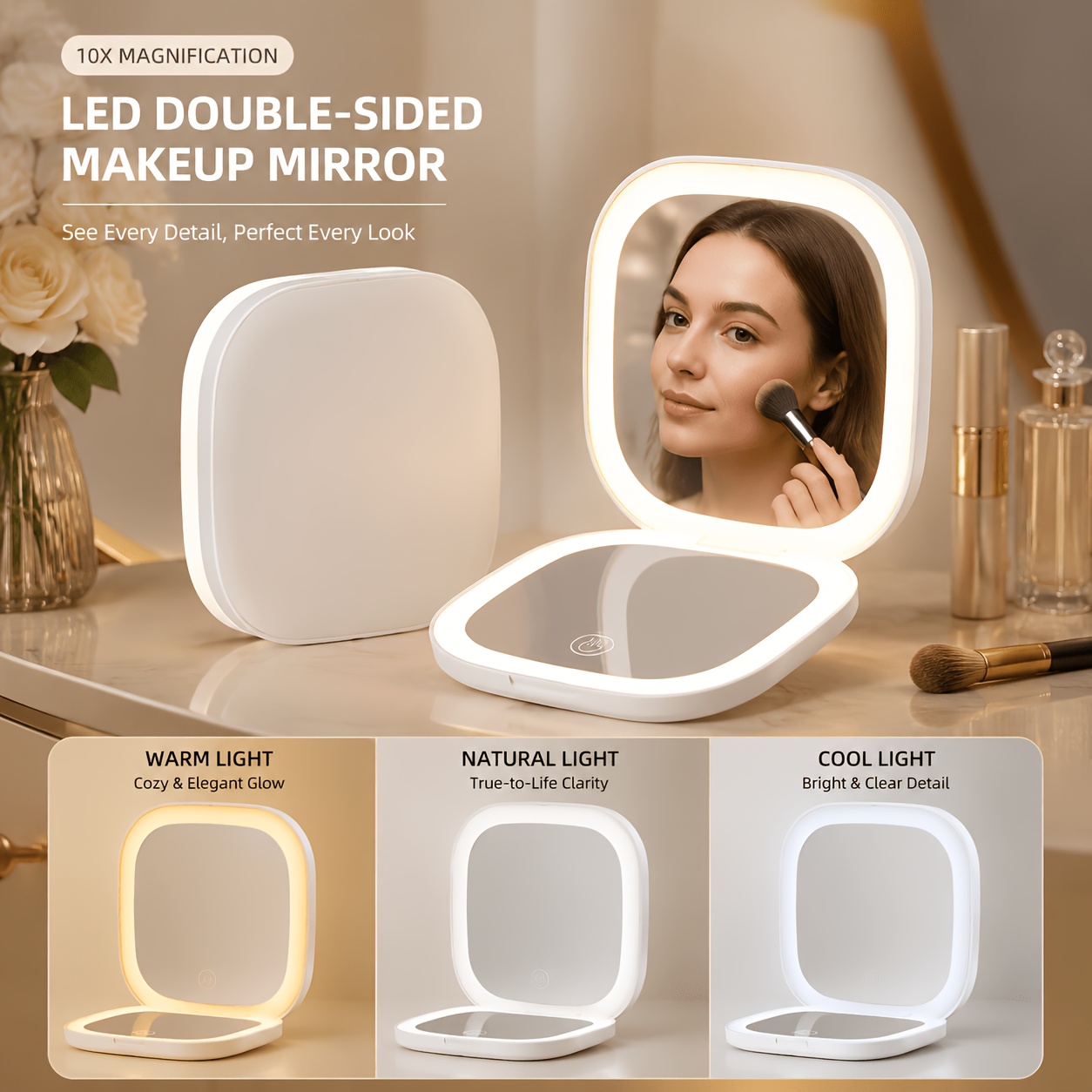 USB-Powered Touch-Control LED Makeup Mirror with 10x Magnification