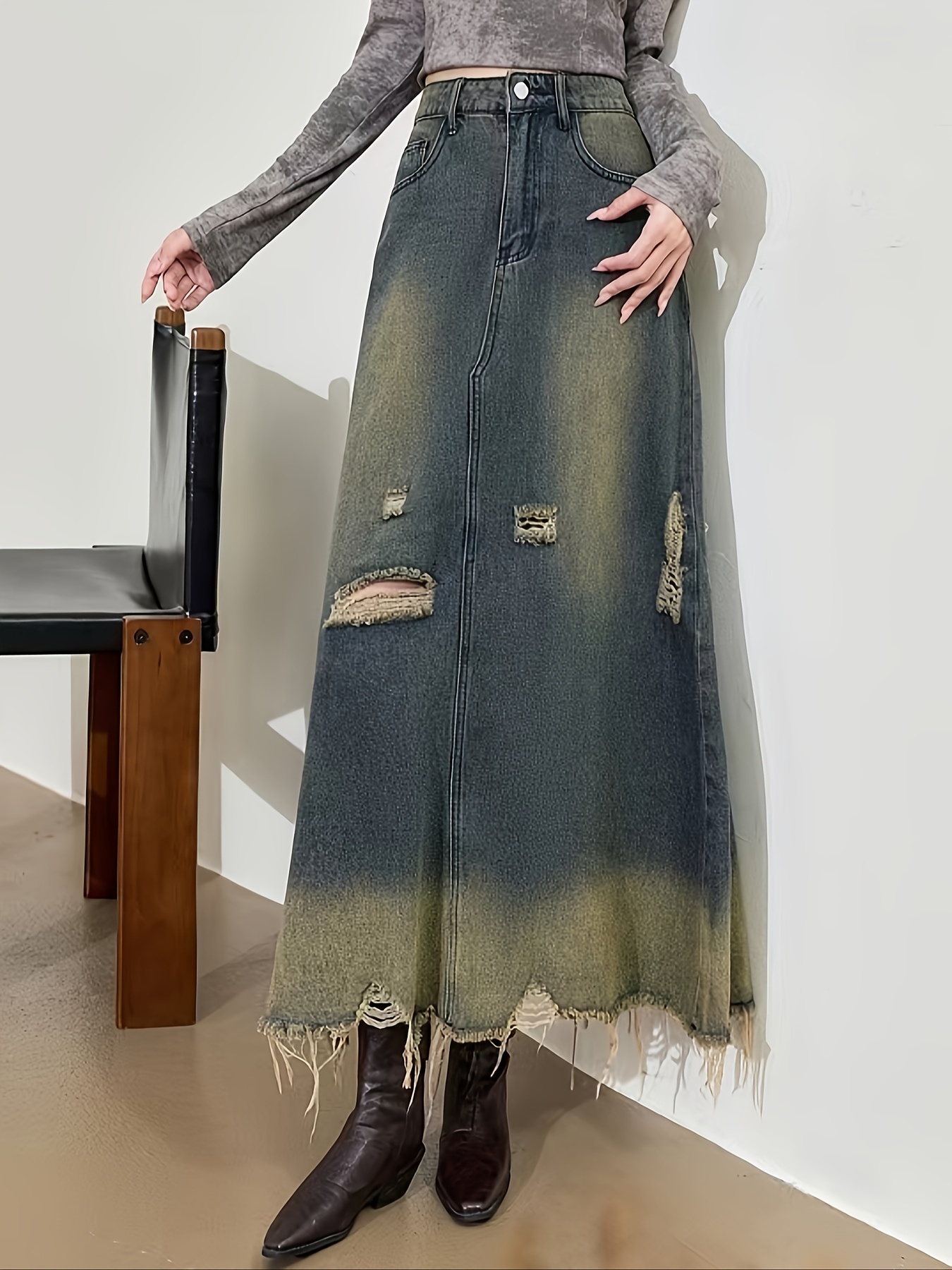 women's vintage washed denim maxi skirt wide swing non Temu Romania