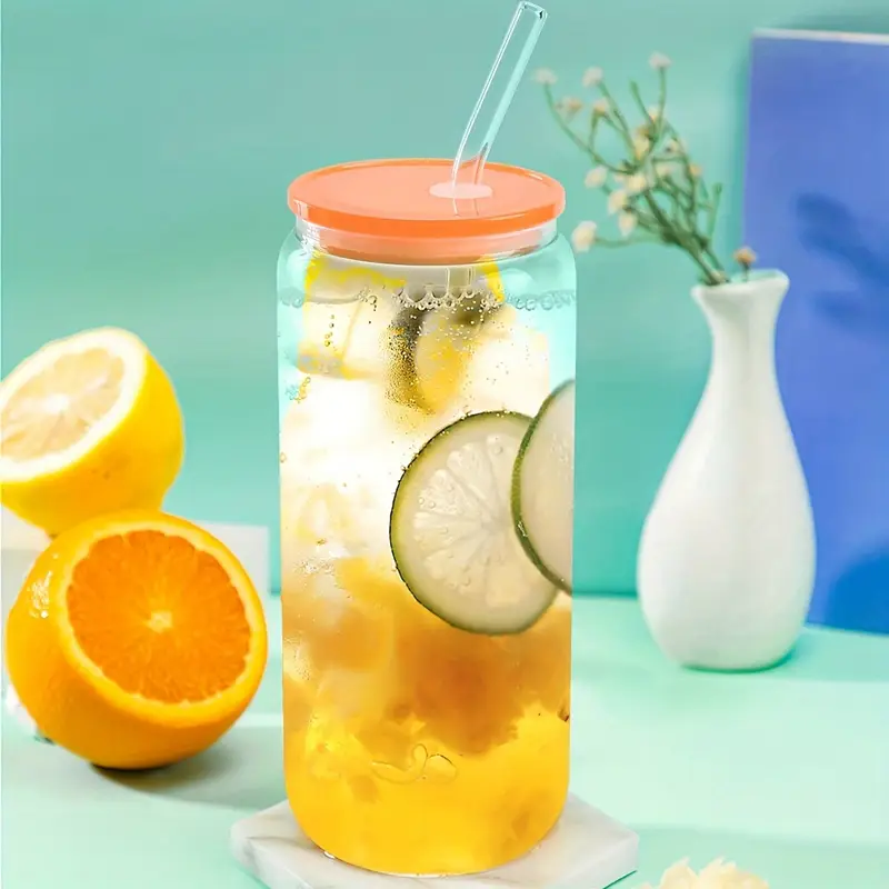 20 oz glass cups with acrylic lids and straws 16 pcs can shaped glass iced coffee cups with lids drinking jar glasses cute tumbler cup great for smoothie soda boba tea cocktail beer gift Product details 1