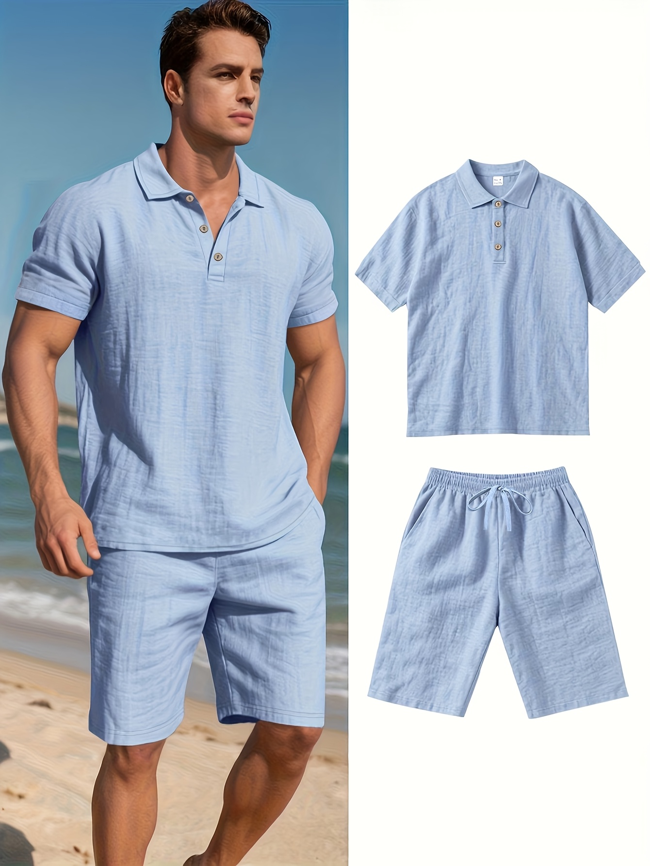 Ensemble Polo & Short en Lin Homme Ensemble de pantalons en lin pour homme, coupe ajustée, à séchage rapide et évacuant l