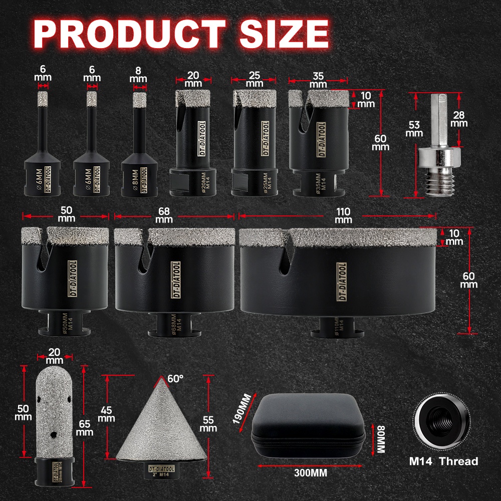 Image of 12pcs Rhinestone Tile Drill Bits Set M14 Thread 6/6/8/20/ 25/35/50/68/110mm+20mm Finger Milling Bit+50mm Beveling Chamfer Bit+hex Adapter For Porcelain Ceramic Tile Marble Granite