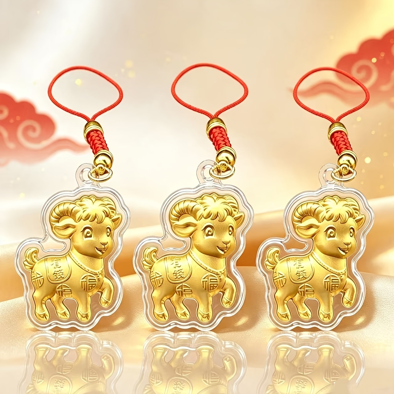 TEMU Décorations suspendues plates 2D, 3 nouveaux moutons dorés, pendentif pour téléphone et sac à main pour l'année du 2027, pendentif , ornement