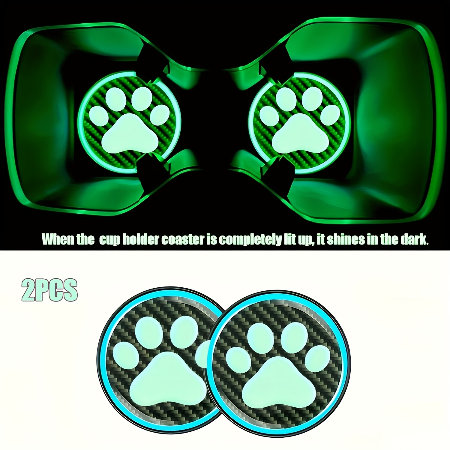 Image of 2pcs Adorable Cat Paw Car Cup Coasters - -the-dark Luminous Auto Mats, Soft Durable Non-slip Shockproof Vehicle Cup Holder Inserts, Prevents , Sliding, Scratches & Dust, Protects Cup Holders From