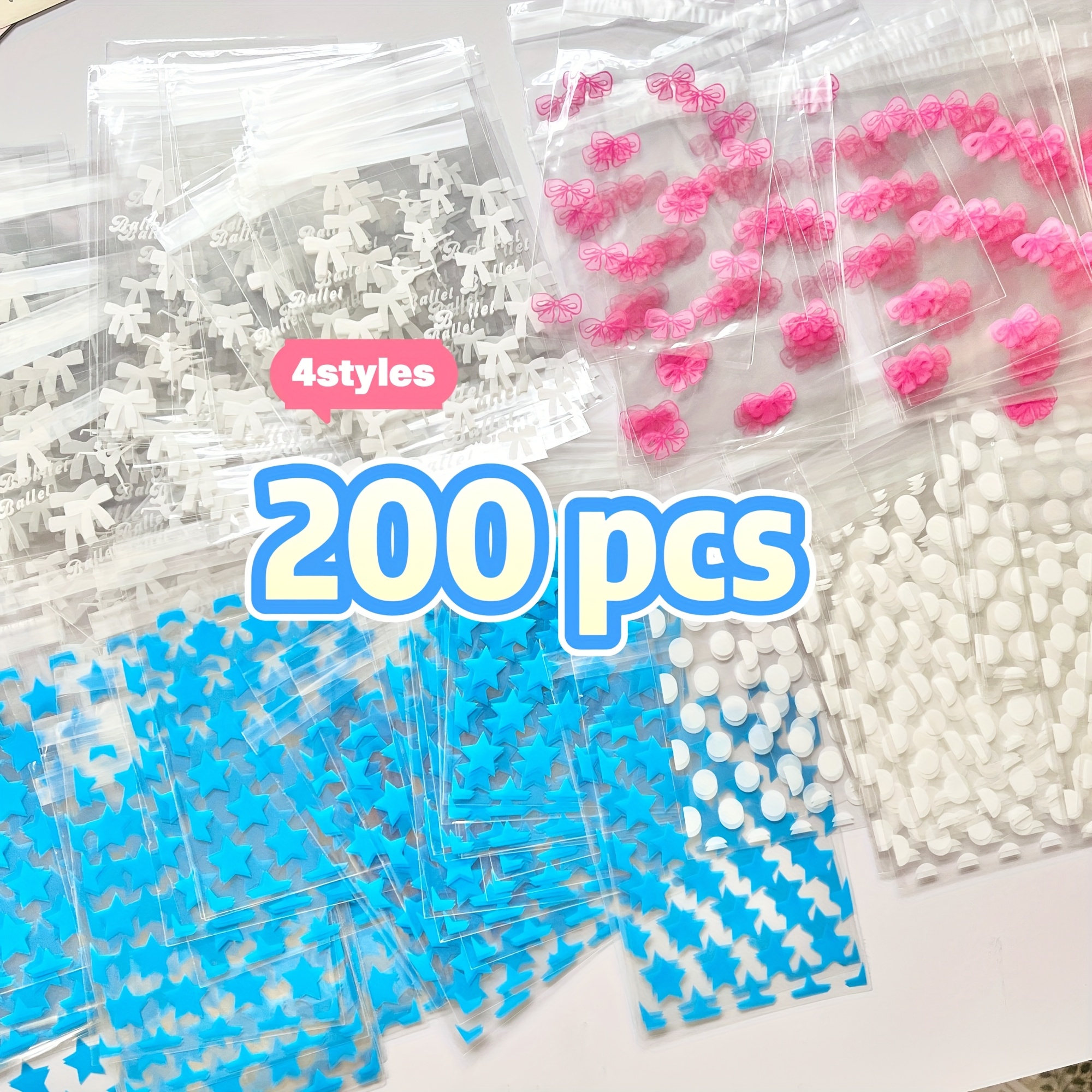 TEMU 200pcs Star And Bow White Polka Dot Plastic Bags, Packing Bags, Opp Self-adhesive Bags, Cartoon Print Packaging Bags, Small Pouches, Card