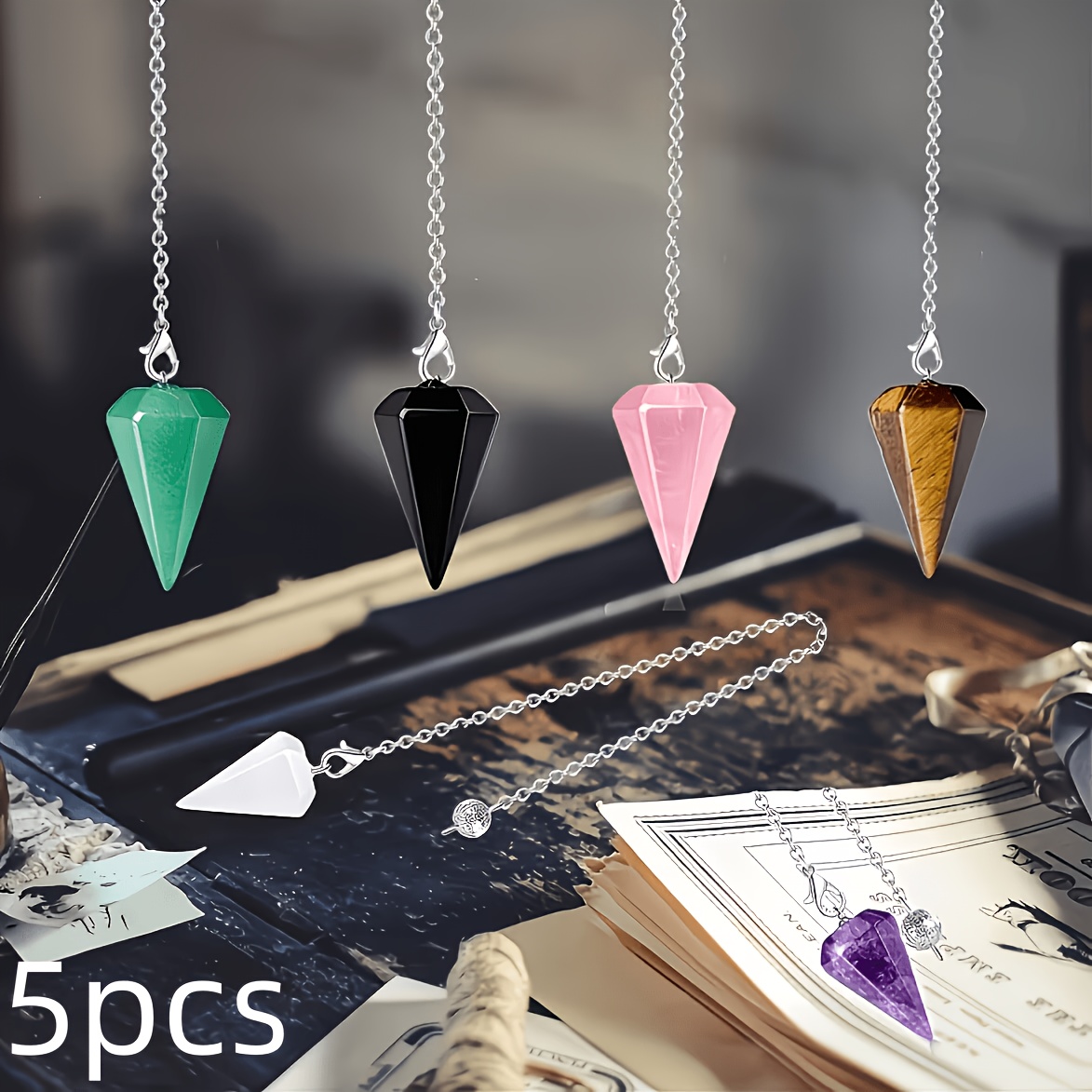 TEMU 5pcs Mixed Colors Natural Stone Hexagonal Cone Pendulum Set Cute Eye And Other Sweater Chain Decorations Jewelry Additions Perfect For Holiday