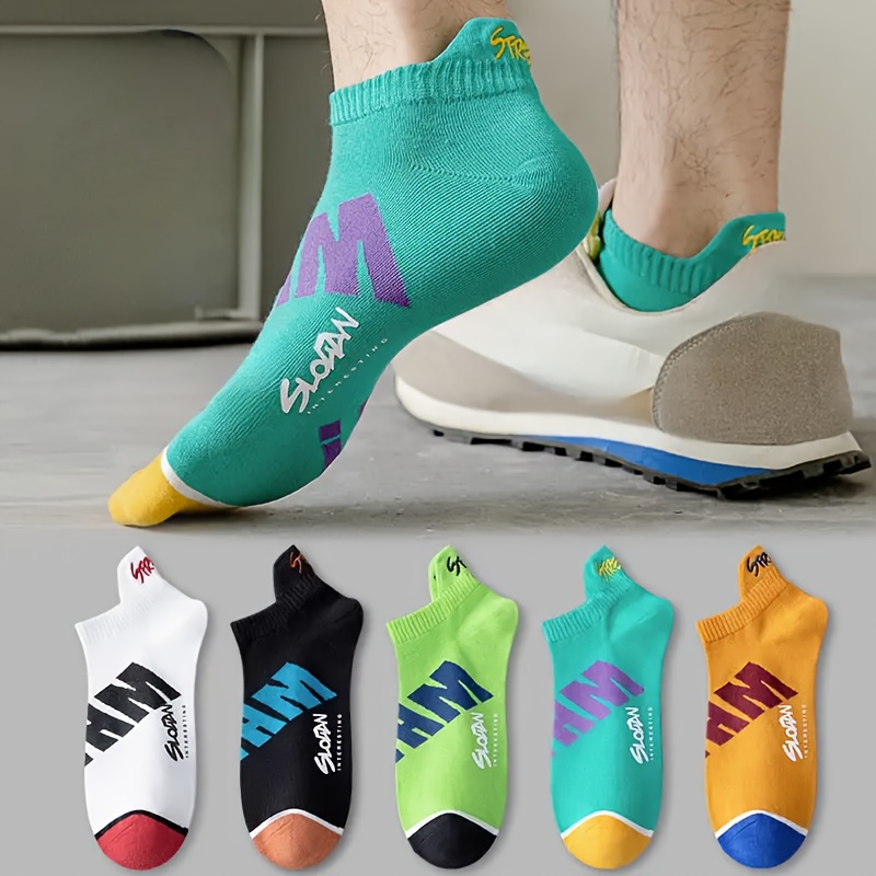 

5 Pairs Of Men's Letter Pattern Sport Ankle Socks, Sweat-absorbing Comfy Breathable Socks For Men's Basketball Training, Running Outdoor Activities