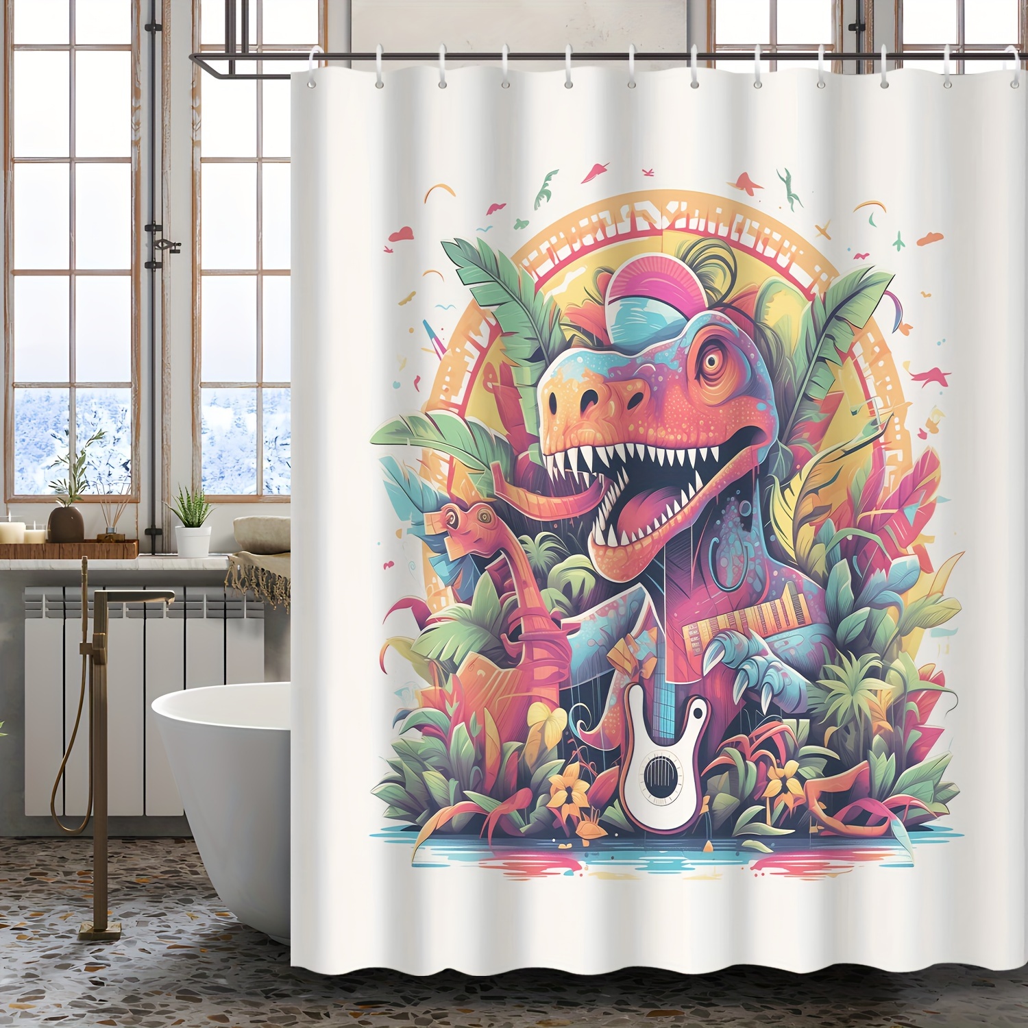 Shower Curtain Jungle Dinosaur Printed Waterproof - Temu