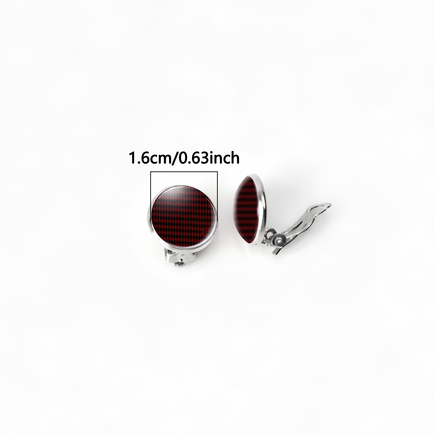 2pc Clip-On Round Glass Earrings Set, Vintage Red Pattern