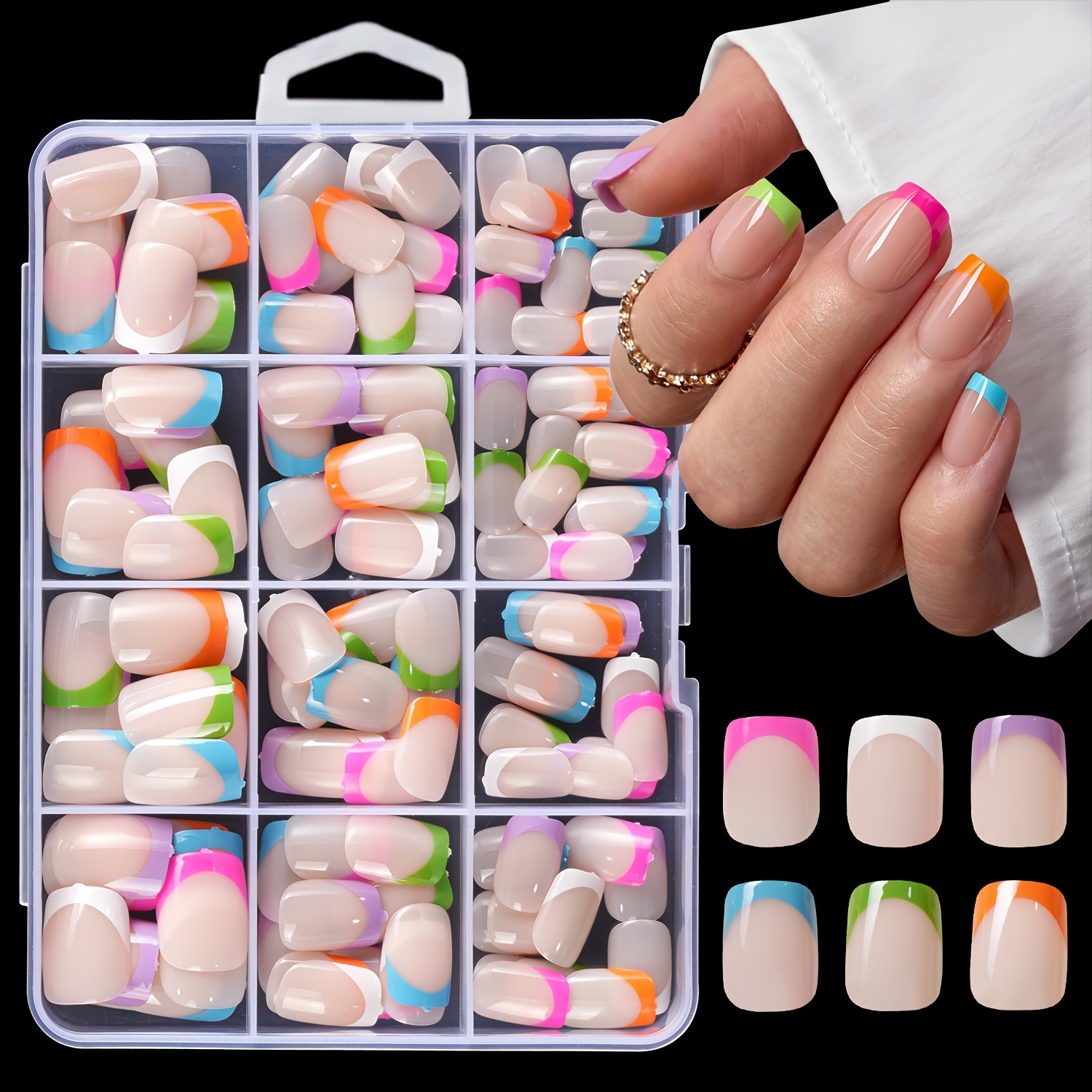 TEMU 144pcs/ Red, Blue, Purple, Green, Orange, White Square French Short Press-on Nails, Glossy Surface, Full Coverage Removable Fake Nails, With