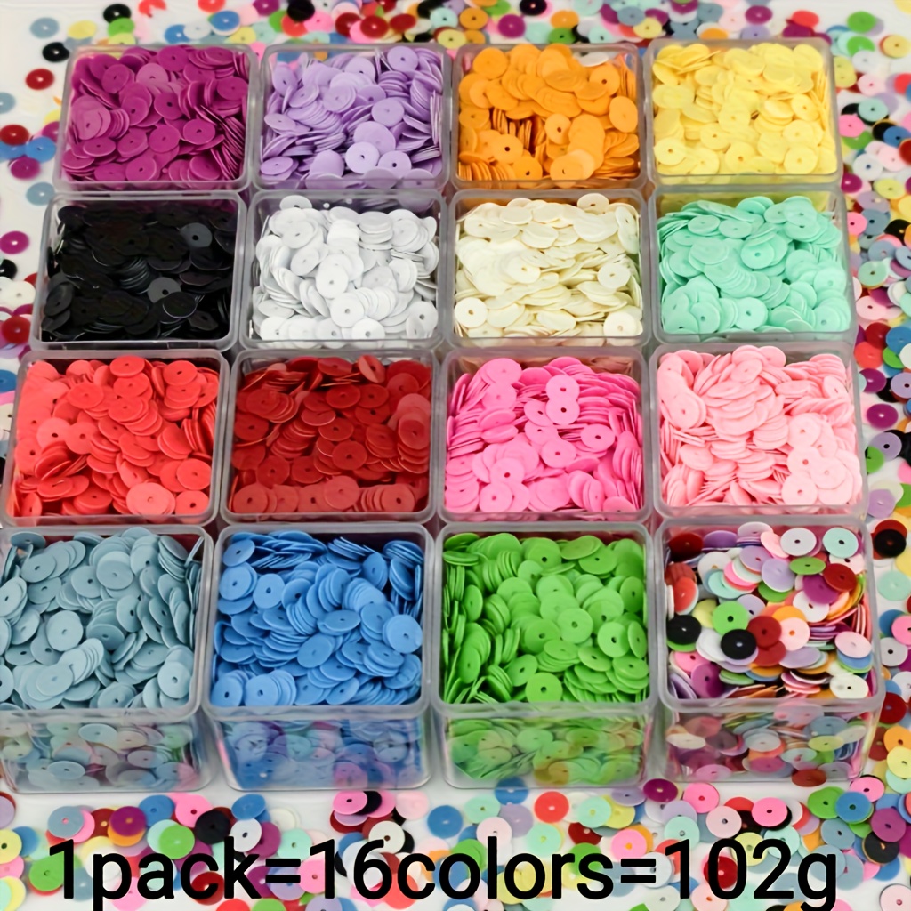 TEMU 102 Grams Of Round Flat Plastic Sequins - 16 Vibrant Colors, 6mm Sequins With A Center Hole, Suitable For Sewing, Wedding Decorations, Clothing,