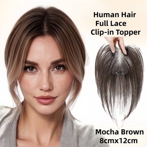 toppers for women real human hair clip in full lace closure straight hair side bangs clip in 360 3d cover bangs human hair toppers for women daily 8cmx12cm 3 1inchx4 7inch lace cover 10inch long big base cover thinning or grey hair mocha brown