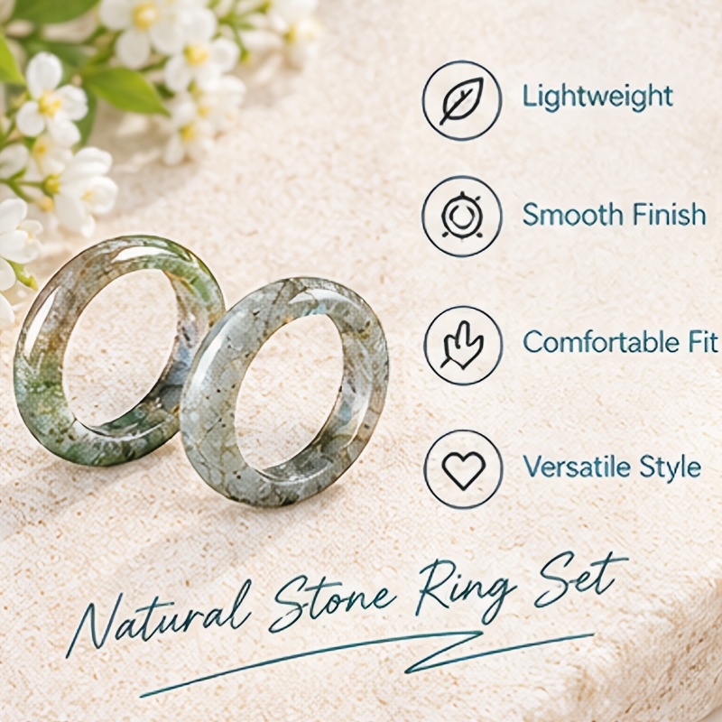 2pc Labradorite & Agate Polished Band Ring Set for Women