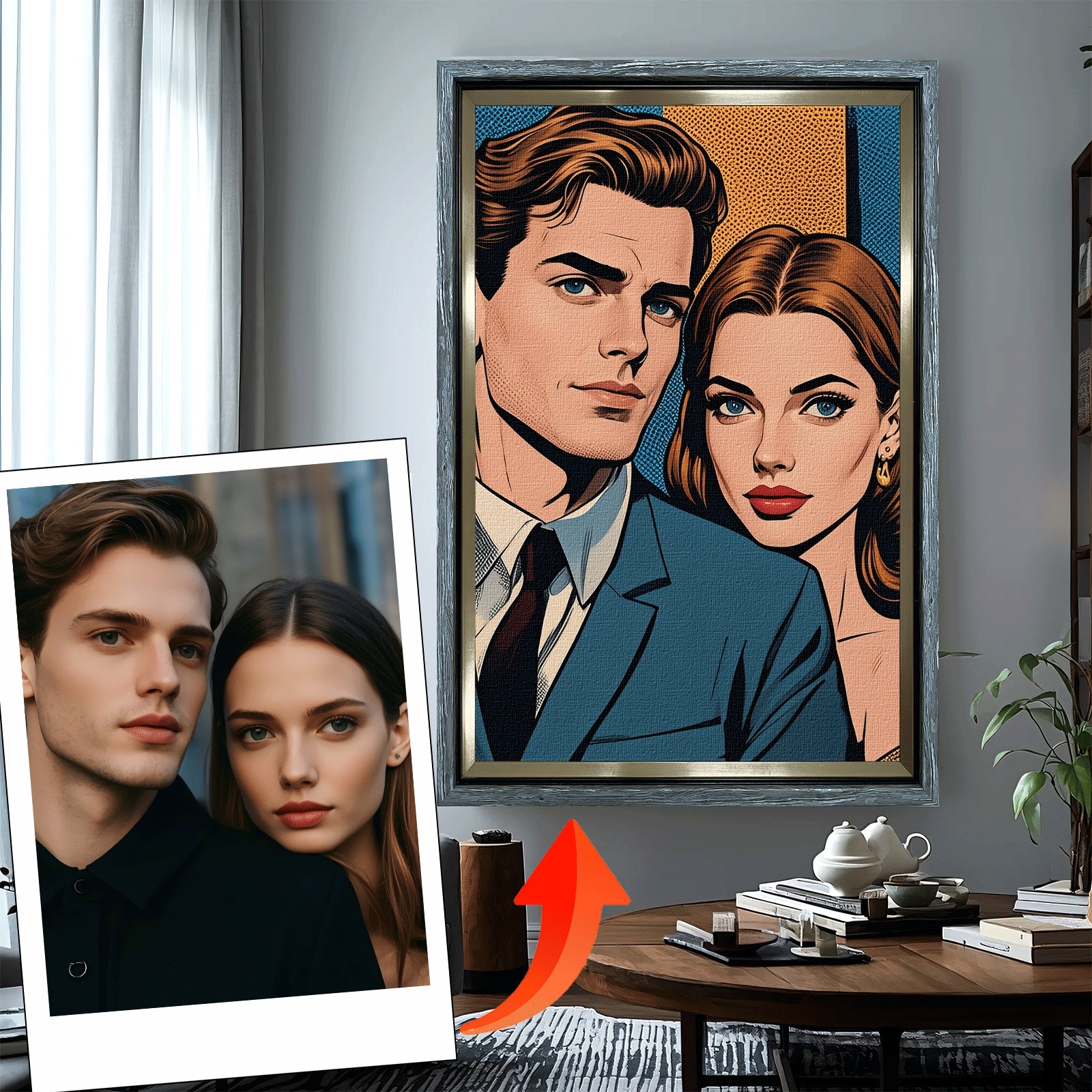 E-shop 2D Flach, 2D Flach, Benutzerdefiniertes Foto Portrait Leinwandkunst - Personalisiertes Vintage Cartoon Stil Paar/Familie Benutzerdefiniertes