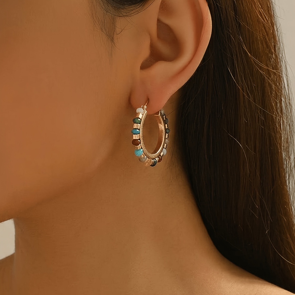 Women's Multicolor Bead Tassel Wrapped Golden Hoop Earrings