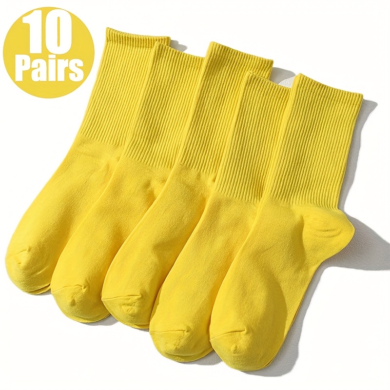 Image of 10 Pairs Of New Breathable, Sweat-absorbent, Easy, Versatile, Solid Color, Soft And Comfortable Yellow Vertical Striped Unisex Mid-tube Socks For Spring And Summer, Sweat-resistant