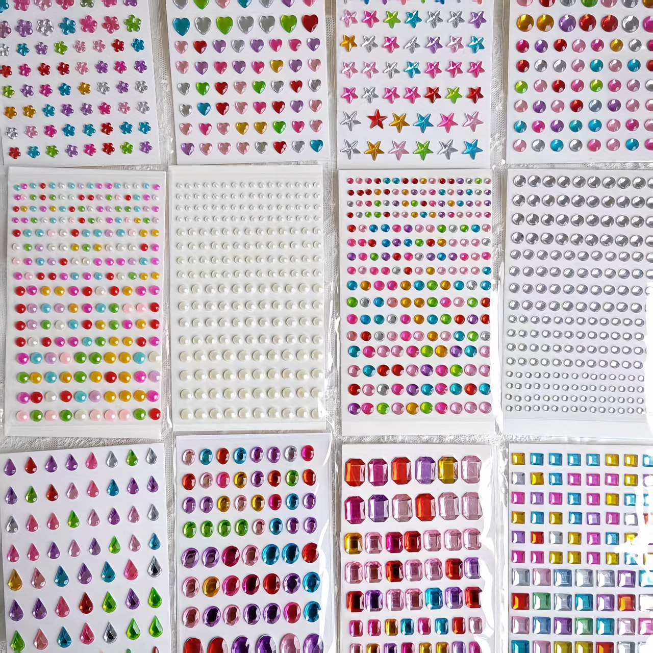 TEMU 3200pcs Stickers Strass Colorées 12 Feuilles Grande Quantité Patch Oeil Autocollant Décoration de Vêtement Cœur Match Chaîne de Perles