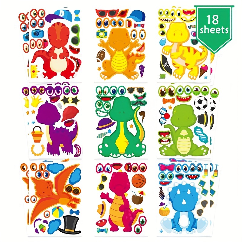 

18 Sheets Dinosaur Stickers, Make Your Own Dinosaur Stickers, Make A Face Stickers Dinosaur Birthday Party Supplies