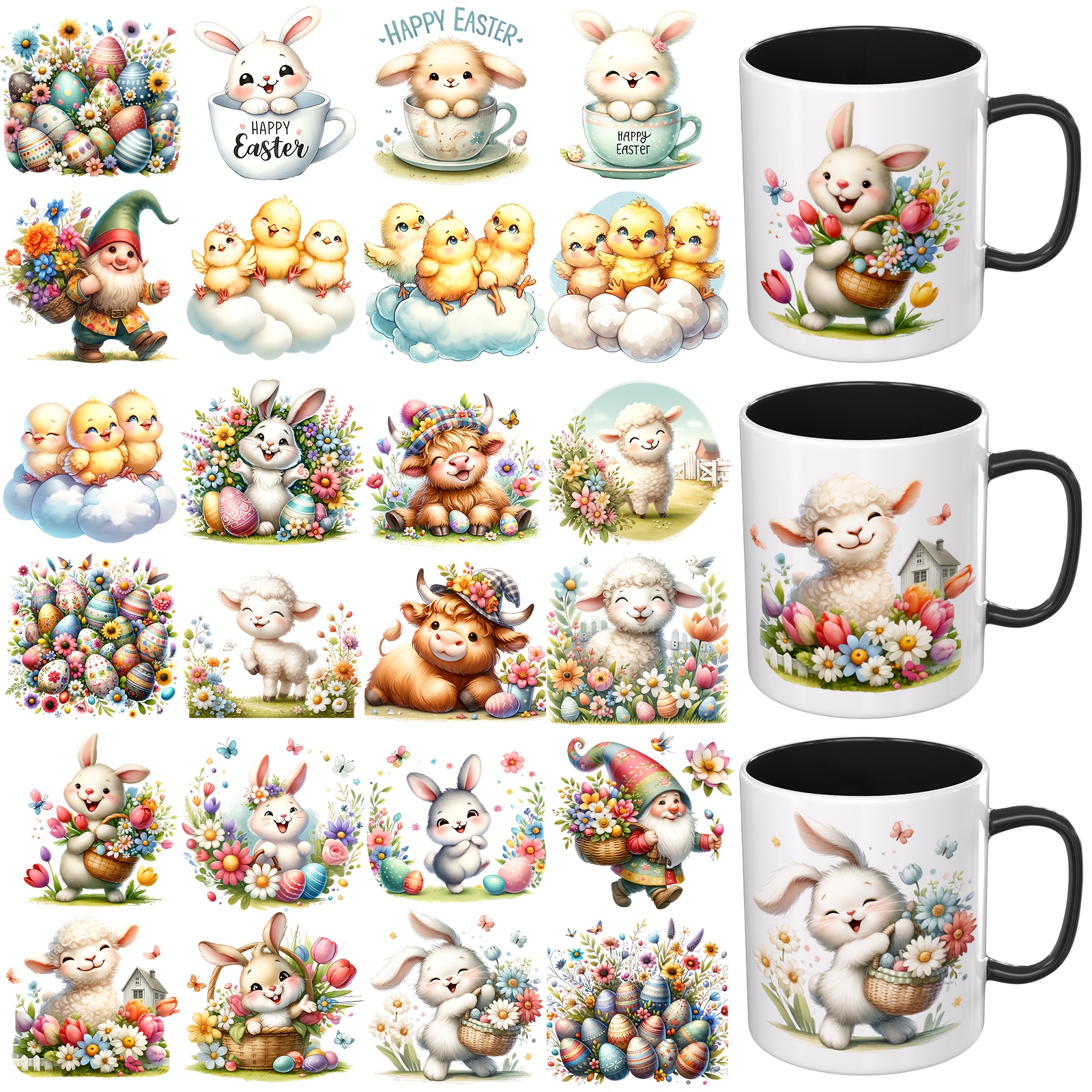 

24pcs Dorsbaby Easter Bunny & Chick Uv Dtf Transfer Paper For Mugs - Waterproof, -resistant, Self-adhesive Decals With 3d Crystal Effect, Diy Crafts On 16oz Glass Surfaces (mugs Not Included)