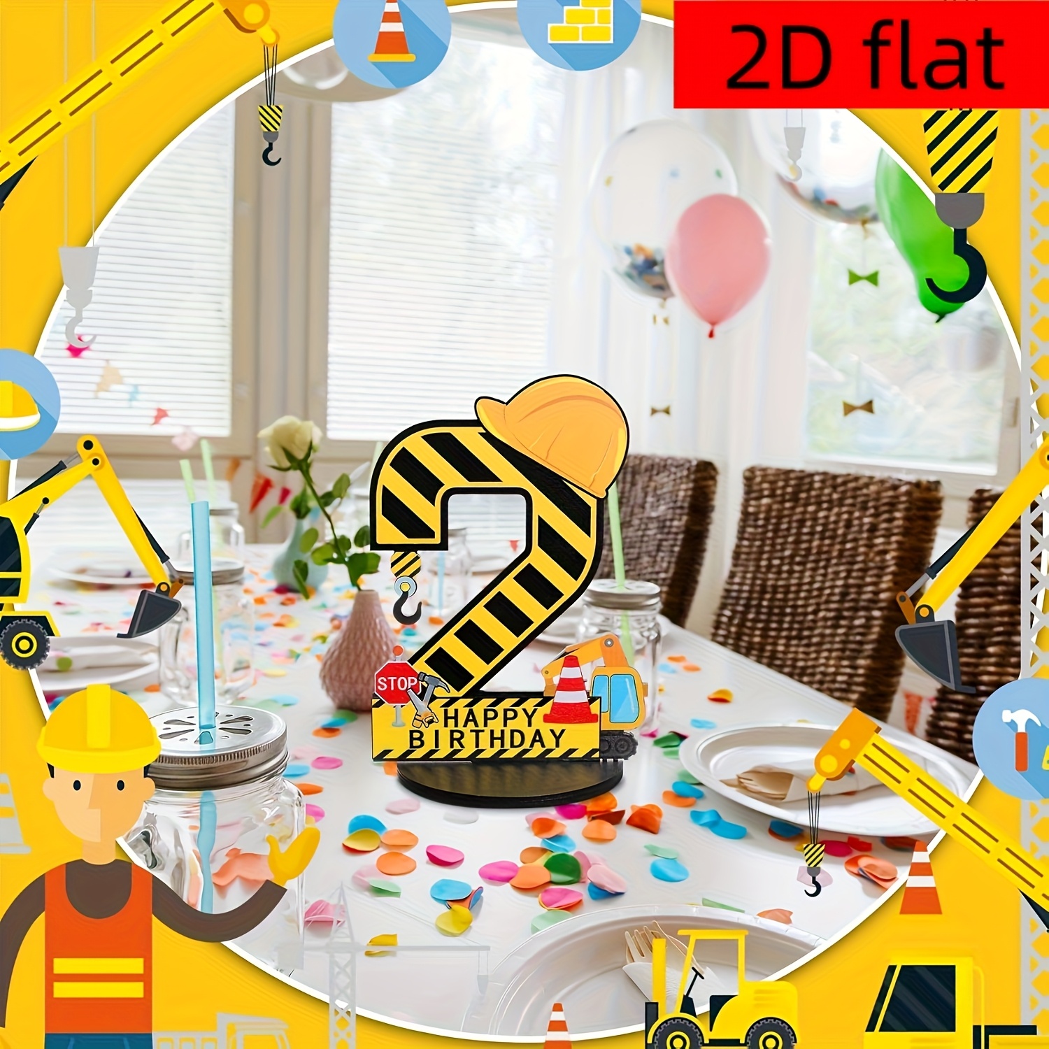 Image of 2nd Birthday Number Truck Sign - Construction Birthday Party Supplies Wooden Digger Hat, 2 Year Anniversary Number