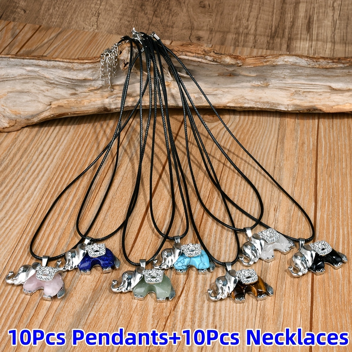 TEMU 5/10pcs Fashionable Natural Stone Elephant Pendants & Black Necklaces Set - Perfect For Women's And Men's Casual Attire, Anniversaries, , For